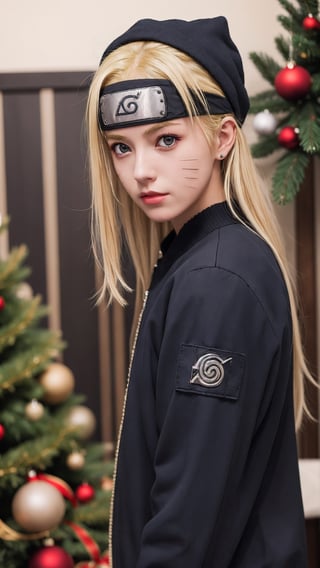 masterpiece,  best quality,  1girl,  solo,  gakuran,  christmas hat, christmas suit, long hair,  Naruto uzumaki,  long blonde hair,  spiked hair , n4rut0, facial mark,  forehead protector,  konohagakure symbol,