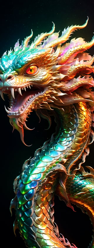 Alien creature in chinese dragon shape, with opalescent skin and iridiscent scales, masterpiece, absolutely perfect, stunning image, visually rich, intricately detailed, concept art, by Mschiffer, glowy, cinematic, UHD wallpaper, 3d, octane render, volumetric lights,Movie Still