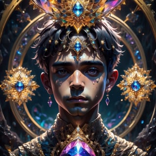 boy, jewelry, meditative,  cristal, symmetry, polygonal elements, fractal lights,  floral ornament,  quartz, eye, diamonds, gems, saturated color, oil painting, sculpture, avant-garde art, dark environment, horror, the shadow, hyperrealistic, movie poster, ink details, 3d render, neon lights, 
astral travel