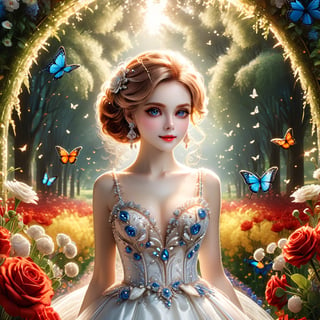 (best quality,4k,8k,highres,masterpiece:1.2),ultra-detailed,highly detailed bridal portrait,extremely detailed face,beautiful detailed eyes,beautiful detailed lips,detailed teeth,long eyelashes,detailed bridal hairstyle,detailed bridal accessories,ornate bridal headpiece,decorated wedding gown,embellished wedding dress,(white,red,yellow,blue)wedding gown,(silk,lace,tulle,satin)gown,ornate earrings,rings,necklace,detailed bouquet,vibrant colors,beautiful lighting,romantic(garden,meadow,field,forest)background,little(birds,butterflies)