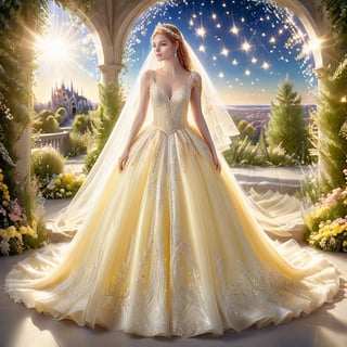 Light spills through the enchanted forest, illuminating a vision in a flowing yellow wedding ballgown. Delicate embroidery shimmers with every step, and a cathedral veil cascades down her back like a waterfall of moonlight. A radiant bride, ready to begin her happily ever after in this magical fairyland,glitter,p3rfect boobs
