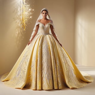 light spills through the enchanted forest, illuminating a vision in a flowing yellow wedding ballgown. Delicate embroidery shimmers with every step, and a cathedral veil cascades down her back like a waterfall of moonlight. A radiant bride, ready to begin her happily ever after in this magical fairyland,glitter,Ba11g0wn 