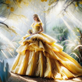 Light spills through the enchanted forest, illuminating a vision in a flowing yellow wedding ballgown. Delicate embroidery shimmers with every step, and a cathedral veil cascades down her back like a waterfall of moonlight. A radiant bride, ready to begin her happily ever after in this magical fairyland,glitter