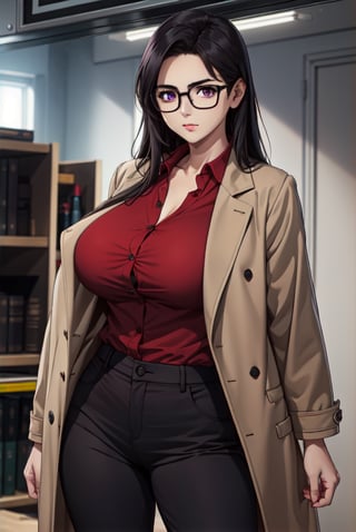 woman standing in a room (brown coat with red shirt and black pants)big breasts, big thighs,purple pupils,black hair,facing the viewer,upper body only.
