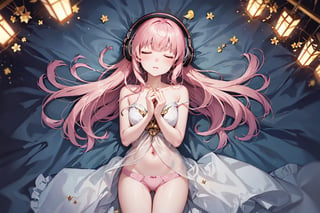 ((Bird's eye view)), ((crystal clear)),((high-quality)), ((detailed)), girl,lying,bed,serene, headphones, pink underwear, closed eyes, immersed, melody, gentle breeze, tranquil, night, suspended time, fluctuating emotions, joyful, melancholic, flying in the night sky, free bird, music resonates, beautiful scenes, forget worries, peaceful, tender embrace, escapade in the dark, freedom, carefree, soothing tunes, dreamlike, moonlit night, calm, content, harmonious, distant thoughts, serenity, ethereal, night's embrace, timeless beauty, soft melodies, escape, dreamy, weightless, celestial experience, euphoric, nocturnal bliss, soulful journey, artistic expression.