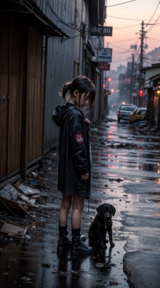 best quality,  extremely detailed,  HD,  8k,  extremely intricate:1.3),  cinematic lighting,  dystopian world, japan,  The city is dilapidated and dirty, rainy sunset, 1 girl, A little girl stands praying with her dirty puppy in front of a ruined shrine, ((puppy)), ((dirty)),  ((skeleton)) lying on the side of the road, (( ripped clothes)), (( dirty on clothes)), sad and gloomy atmosphere, ((side body view)), close view, blood