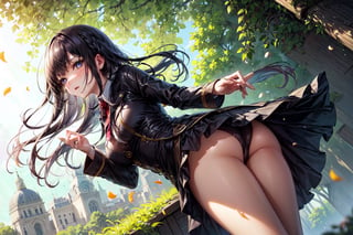 Low angle shot of a girl wearing a skirt, revealing her panties. Blowing in the breeze, the girl's skirt fluttered gently, like dancing petals. Her hair sparkled in the soft sunlight, and her eyes were full of innocence and curiosity. The surrounding environment is also made more majestic by low-angle shots, as if telling a mysterious story. The girl raised her head slightly and stared into the distance, her eyes revealing her desire for the unknown world. The sunlight penetrated the gaps in the leaves and fell on her body, outlining her graceful figure.