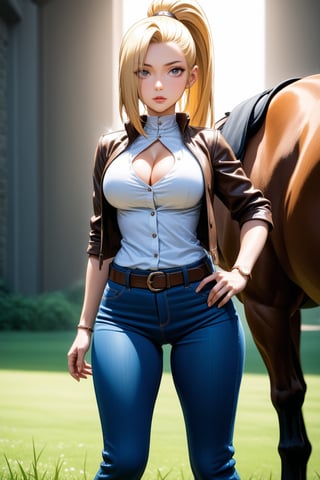 (masterpiece), best quality, expressive eyes, perfect face, perfect body, ultra detailed image, ultra high quality, cinematic lighting, beautiful healthy eyes, mature woman, solo, detailed hair, blond_hair, glass shining eyes, hair over one eye, ponytail, hairclip, blue eyes, white shirt, cleavage cutout, brown cropped jacket, blue jeans, long trousers, belt, brown boots, brown hat, cowgirl, yamanaka ino, outside, horses, daylight, green grass, smile, cute face 