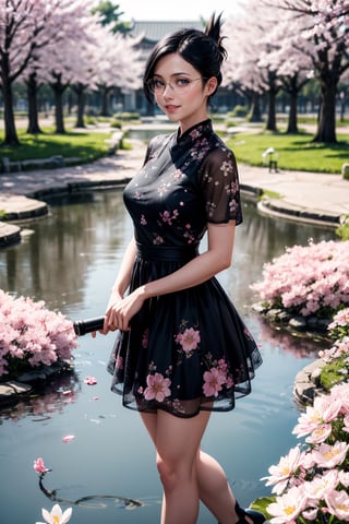 (best quality:1.4), (detailed:1.3), (RAW photo:1.2), highres, intricate, 8K wallpaper, cinematic lighting, photorealistic, one girl, female_solo, black hair, folded ponytail, glasses, floral dress, yellow design dress, white heels, large pond, sakura trees, pink flower petals, spring season, outside, happy face, ise nanao