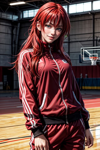 best quality:1.4), (detailed:1.3), (RAW photo:1.2), highres, intricate, 8K wallpaper, cinematic lighting, photorealistic, one woman, female_solo, red hair, long hair, school tracksuit, red tracksuit, basketball court, indoors, cute smile, blush,Rias Gremory