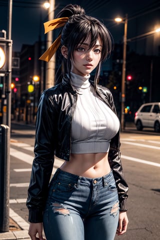 best quality:1.4), (detailed:1.3), (RAW photo:1.2), highres, intricate, 8K wallpaper, cinematic lighting, photorealistic, one woman, female_solo, large breasts, black hair, ponytail, yellow hair ribbon, white cropped shirt, turtle_neck, short jeans, black jacket, latex jacket, daytime, akeno himejima