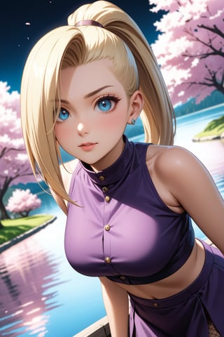 (masterpiece), best quality, expressive eyes, perfect face, perfect body, ultra detailed image, ultra high quality, cinematic lighting, beautiful healthy eyes, mature woman, solo, detailed hair, blond_hair, glass shining eyes, hair over one eye, ponytail, hairclip, blue eyes, purple crop top, sleeveless, purple skirt, fishnets, earrings, midriff,yamanaka ino, outside, cherry_blossoms, lake, smile, cute girl 