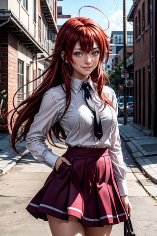 best quality:1.4), (detailed:1.3), (RAW photo:1.2), highres, intricate, 8K wallpaper, cinematic lighting, photorealistic, one woman, female_solo, red hair, long hair, ahoge, school uniform, skirt, pleated skirt, purple skirt, huge ahoge, outside, cute smile, blush,Rias Gremory