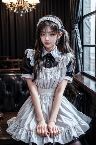 (best quality:1.4), (detailed:1.3), (RAW photo:1.2), highres, intricate, 8K wallpaper, cinematic lighting, one girl, female_solo, black hair, ponytail, very long hair, bulging breasts, black maid outfit , black bowtie, short sleeves white neck collar, luxury restaurant, beautiful lighting, well bright chandeliers,happy expression, well done make-up, well detailed image, maid attire