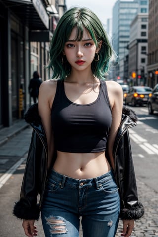 (best quality:1.4), (detailed:1.3), (RAW photo:1.2), highres, intricate, 8K wallpaper, cinematic lighting, photorealistic, one girl, female_solo, green hair, curly hair, long hair, aqua earrings, latex tank top, black fur jacket, exposed shoulders, navel, short jeans, beautiful makeup, glossy lips, in the city, at dawn, busy streets, slight fog, well detailed image