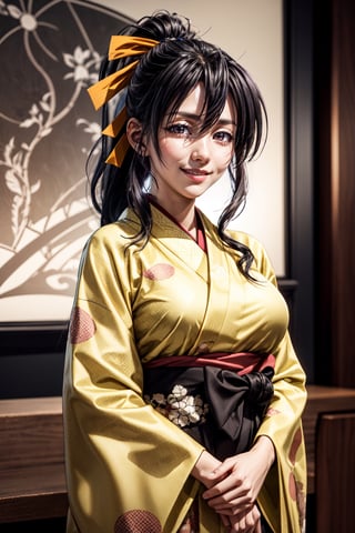 best quality:1.4), (detailed:1.3), (RAW photo:1.2), highres, intricate, 8K wallpaper, cinematic lighting, photorealistic, beautiful clean smile, one woman, female_solo, large breasts, black hair, ponytail, yellow hair ribbon, well detailed kimono , star pattern, akeno himejima