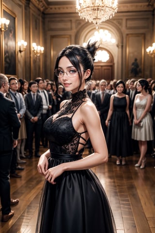 (best quality:1.4), (detailed:1.3), (RAW photo:1.2), highres, intricate, 8K wallpaper, cinematic lighting, photorealistic, one girl, female_solo, black hair, folded ponytail, glasses, princess dress, floral dress, very long dress, sleeveless, beautiful makeup, inside a castle, chandeliers, well lit room, large room, (large crowd of people:1.3), blushing, cute smile, ise nanao