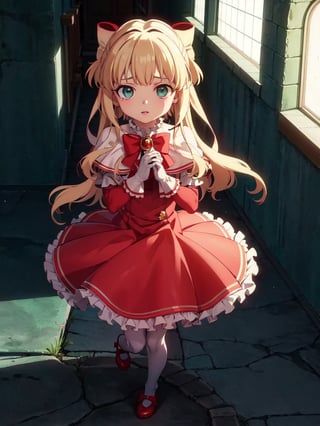 KAORUKO TENKAWA, LONG HAIR, BLUE EYES, BLONDE HAIR, BOW, HAIR BOW, RED BOW,, 1 GIRL,, HAIR RIBBON, YELLOW THROAT, JEWELRY, BROOCH, CAPELET, RED DRESSER, GREEN EYES, Ruffles, DRESS RED, SHORT PUFFY SLEEVES, WHITE GLOVES, RED BOW, WHITE THIGHS,, good hands, pretty face, full body, cave, cavern, scared. praying, darkness, hell, dungeon, at night, scared, walking, perfect hands, pretty hands, good hands, pretty face, full body, pretty decorated stockings, o, full body, beautiful body, perfect body, beautiful body, legs perfect, beautiful legs, perfect hands, beautiful hands, scared, full body, pretty face, perfect face, child's face, perfect face, pretty face, rro, perfect lips. beautiful eyes, flower garden, perfect garden, roses, perfect roses, ,1girl and 1boy,Zombie,Vampirism,vamptech,kaoruko_tenkawa_mahoushoujoniakogarete,AIDA_LoRA_AnC