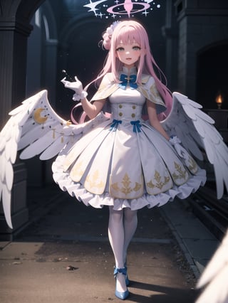 1 GIRL, AAMIKA, HALO, LONG HAIR, HAIR FLOWER, ANGEL WINGS, WHITE WINGS, LOW WINGS, CRESCENT, CAPELET, BLUE BOW, FRILLS, WHITE DRESS, WRIST SCRUNCHIE, WHITE PANTYHOSE,
good hands, perfect hands, pretty face, perfect face, baby face, full body, perfect body, pretty stockings, walk, night, pretty dress, perfect dress, castle, palace, perfect palace, palace, upper body, food room, medieval Sangonomiya, WHITE CAPELT, LONG SLEEVES, WHITE GLOVES, ,beautiful eyes,mikadef