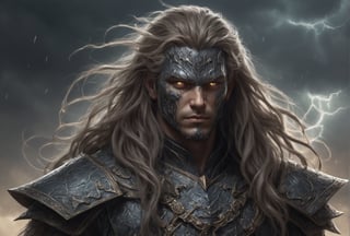 Create a portrait of the main antagonist of the demigod, he has long, flowing hair the color of storm clouds, serpentine creature with scales as black as night, glowing eyes like lightning, and razor-sharp teeth. </br> It is impossible to tell its age or gender as it is a mythological creature. 
Style of Medieval fantasy warrior art by Luis Royo. tan, black, tan, blanchedalmond colors. 8K HD.