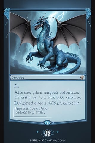 Magic the gathering dragon card,  in a blue frame with a light blue field under the image of a dragon,  with a detailed description of the rules of the card