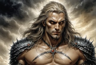 Create a portrait of the main antagonist of the demigod, he has long, flowing hair the color of storm clouds, serpentine creature with scales as black as night, glowing eyes like lightning, and razor-sharp teeth. </br> It is impossible to tell its age or gender as it is a mythological creature. captivating with mystery and at the same time repulsive, from whose gaze your throat dries up and you are speechless, but you can feel his strong spirit and sense of heroism, so that sometimes you donТt understand whether he is a villain or a hero in front of you. Style of Medieval fantasy warrior art by Luis Royo. tan, black, tan, blanchedalmond colors. 8K HD.