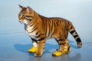 Wow, that's one majestic cat! It's almost like a tiger and a domestic cat had a super cool fusion. wearing yellow sneakers And about that '110', maybe it's part of a top-secret feline mission?