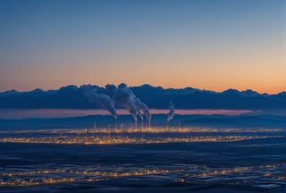 A dense layer of blue clouds illuminated in royalblue from above, a small golden sun, light gray mountains in the distance on the horizon among which power plants and industrial buildings can be seen, closer gray mountains on the horizon among which power plants and industrial buildings can be seen, black mountains on the horizon among which power plants and industrial buildings can be seen,