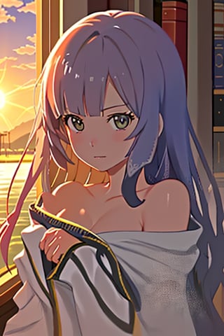 This image showcases the anime girl with bangs and medium-long hair in a school library, bathed in the light of the sun that creates a fusion of morning clarity and sunset charm. The atmosphere is timeless, suggesting that this beautiful day has stepped out of the regular flow of time and feels like it will last forever.