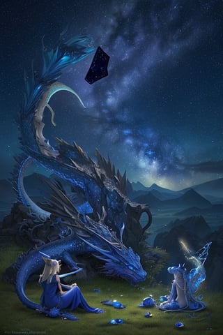 Tarot card, night, royal blue sky with stars and milky way, light azure clouds close to horizon, an awe-inspiring, artwork of the majestic light purple Dragon, this masterpiece showcases the power and mystique of the dragon in a mesmerizing, otherworldly setting. Young elf sitting around dragon and look to horizon, landscape is brushed green grass,