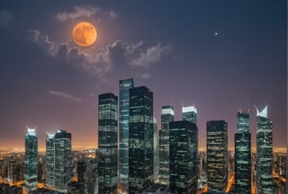 night, dark-orange cloud lumened by city, bright moon, dark-gray-purple sky; sky scrapers square and rectangular skyscrapers with white frequent square windows, shades of skyscraper windows: dark blue, dark turquoise. The roofs of skyscrapers from dark squares or illuminated with a dim blue border,