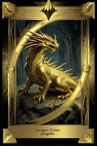 magic the gathering dragon card,  in a gold frame with a light gold field under the image of a dragon,  with a detailed description of the rules of the card