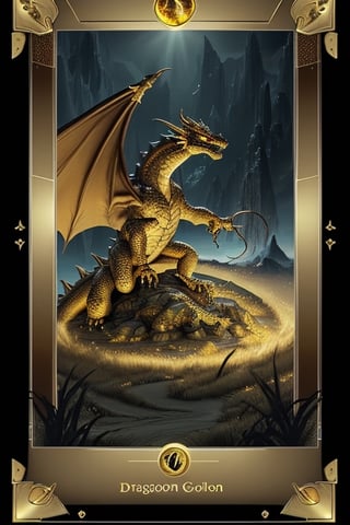 magic the gathering dragon card,  in a gold frame with a light gold field under the image of a dragon,  with a detailed description of the rules of the card