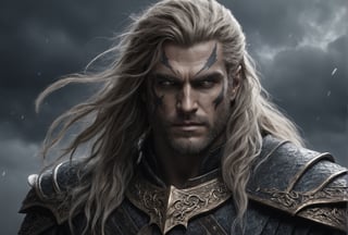 Create a portrait of the main antagonist of the demigod, he has long, flowing hair the color of storm clouds, serpentine creature with scales as black as night, glowing eyes like lightning, and razor-sharp teeth. </br> It is impossible to tell its age or gender as it is a mythological creature. Style of Medieval fantasy warrior art by Luis Royo. tan, black, tan, blanchedalmond colors. 8K HD.