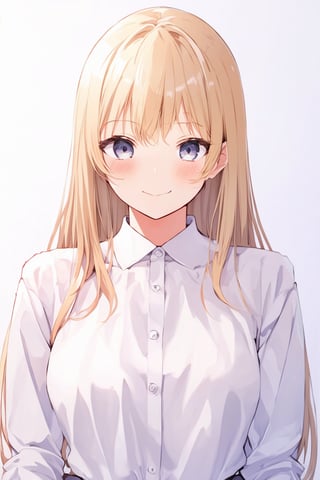 Anime style portrait of a young woman with long straight golden hair and bangs, soft violet eyes, delicate facial features, wearing a light-colored top. The expression is serene and slightly melancholic. Soft lighting, pastel color palette. High-quality, detailed anime art style.