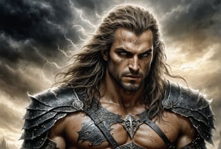 Create a portrait of the main antagonist of the demigod, he has long, flowing hair the color of storm clouds, serpentine creature with scales as black as night, glowing eyes like lightning, and razor-sharp teeth. </br> It is impossible to tell its age or gender as it is a mythological creature. captivating with mystery and at the same time repulsive, from whose gaze your throat dries up and you are speechless, but you can feel his strong spirit and sense of heroism, so that sometimes you don't understand whether he is a villain or a hero in front of you. Style of Medieval fantasy warrior art by Luis Royo. tan, black, tan, blanchedalmond colors. 8K HD.