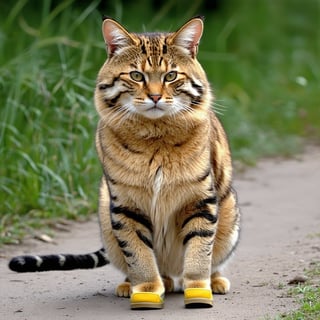 Wow, that's one majestic cat! It's almost like a tiger and a domestic cat had a super cool fusion. wearing yellow sneakers And about that '110', maybe it's part of a top-secret feline mission?