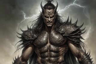 Create a portrait painting of the main antagonist of the demigod, serpentine creature with scales as black as night, glowing eyes like lightning, and razor-sharp teeth. </br> It is impossible to tell its age or gender as it is a mythological creature. 
Style of Medieval fantasy warrior art by Luis Royo. tan, black, tan, blanchedalmond colors. 8K HD.