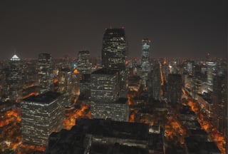 Night, autumn, view from the roof of a skyscraper, skyscrapers with orange windows, lanterns illuminate the foliage of trees and are reflected in the glass of skyscrapers