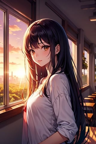 This image showcases the anime girl with bangs and medium-long hair in a school library, bathed in the light of the sun that creates a fusion of morning clarity and sunset charm. The atmosphere is timeless, suggesting that this beautiful day has stepped out of the regular flow of time and feels like it will last forever.