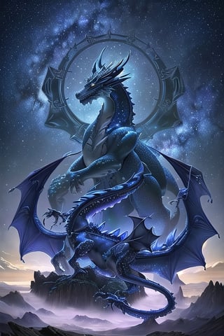 Tarot card, night, royal blue sky with stars and milky way, light azure clouds close to horizon, an awe-inspiring, artwork of the majestic light purple Dragon, this masterpiece showcases the power and mystique of the dragon in a mesmerizing, otherworldly setting. landscape is brushed green grass,