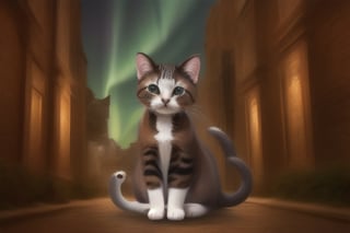 painting of A sky filled with a vibrant aurora borealis illuminating a city with grand columns while cats roam the streets and serpentine creatures swim in the oceans. Style of Cute cats and kittens with a mirror background. rosybrown, chocolate, sandybrown, darkred colors. 8K HD.