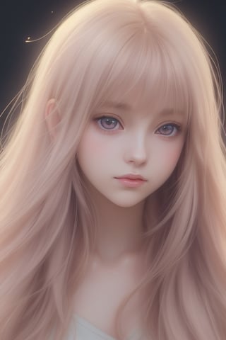 Anime style portrait of a young woman with long straight golden hair and bangs, soft violet eyes, delicate facial features, wearing a light-colored top. The expression is serene and slightly melancholic. Soft lighting, pastel color palette. High-quality, detailed anime art style.