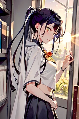 contrast manga, character, anime girl with bangs and medium-long hair in the school library, feels the breath of spring and the sun, the sun falling on the shelves in the school library, creates a feeling of morning and at the same time has the charm of sunset, but in reality it is not clear what time, as if it it was out of time, or it was day, so good that it seems that now it will always be like this.