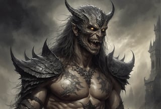 Create a portrait painting of the main antagonist of the demigod, serpentine creature with scales as black as night, glowing eyes like lightning, and razor-sharp teeth. </br> It is impossible to tell its age or gender as it is a mythological creature. Style of Medieval fantasy warrior art by Luis Royo. tan, black, tan, blanchedalmond colors. 8K HD.