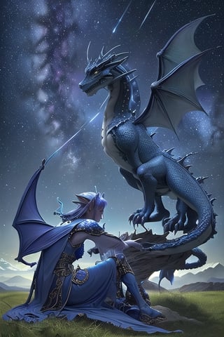 Tarot card, night, royal blue sky with stars and milky way, light azure clouds close to horizon, an awe-inspiring, artwork of the majestic light purple Dragon, this masterpiece showcases the power and mystique of the dragon in a mesmerizing, otherworldly setting. Young elf sitting around dragon and look to horizon, landscape is brushed green grass,