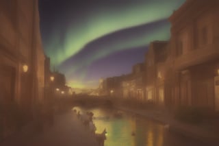 painting of A sky filled with a vibrant aurora borealis illuminating a city with grand columns while cats roam the streets and serpentine creatures swim in the oceans. Style of Cute cats and kittens with a mirror background. rosybrown, chocolate, sandybrown, darkred colors. 8K HD.