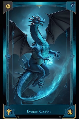 Magic the gathering dragon card,  in a blue frame with a light azure field under the image of a dragon,  with a detailed description of the rules of the card