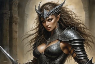 Create a portrait painting of the main antagonist of the demigod, serpentine creature with scales as black as night, glowing eyes like lightning, and razor-sharp teeth. </br> It is impossible to tell its age or gender as it is a mythological creature. Style of Medieval fantasy warrior art by Luis Royo. tan, black, tan, blanchedalmond colors. 8K HD.