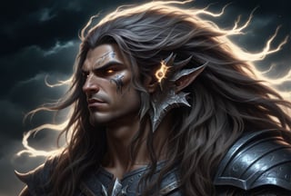 Create a portrait of the main antagonist of the demigod, he has long, flowing hair the color of storm clouds, serpentine creature with scales as black as night, glowing eyes like lightning, and razor-sharp teeth. </br> It is impossible to tell its age or gender as it is a mythological creature. Style of Medieval fantasy warrior art by Luis Royo. tan, black, tan, blanchedalmond colors. 8K HD.